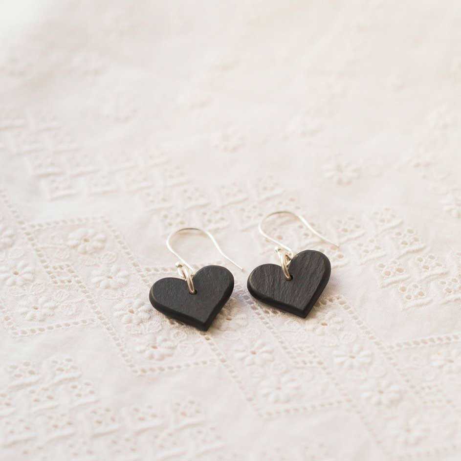 Earrings - Welsh Slate - Natural - Textured Heart - Small