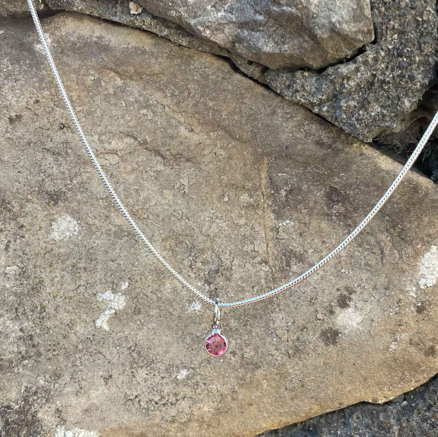 Birthstone Crystal Pendant - Silver Necklace - Welsh Language - October / Rose