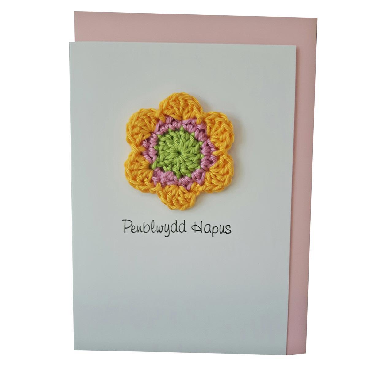 Card - Handmade Crochet - Penblwydd Hapus - Happy Birthday