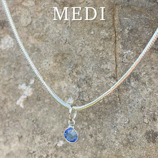 Birthstone Crystal Pendant - Silver Necklace - Welsh Language - September / Sapphire