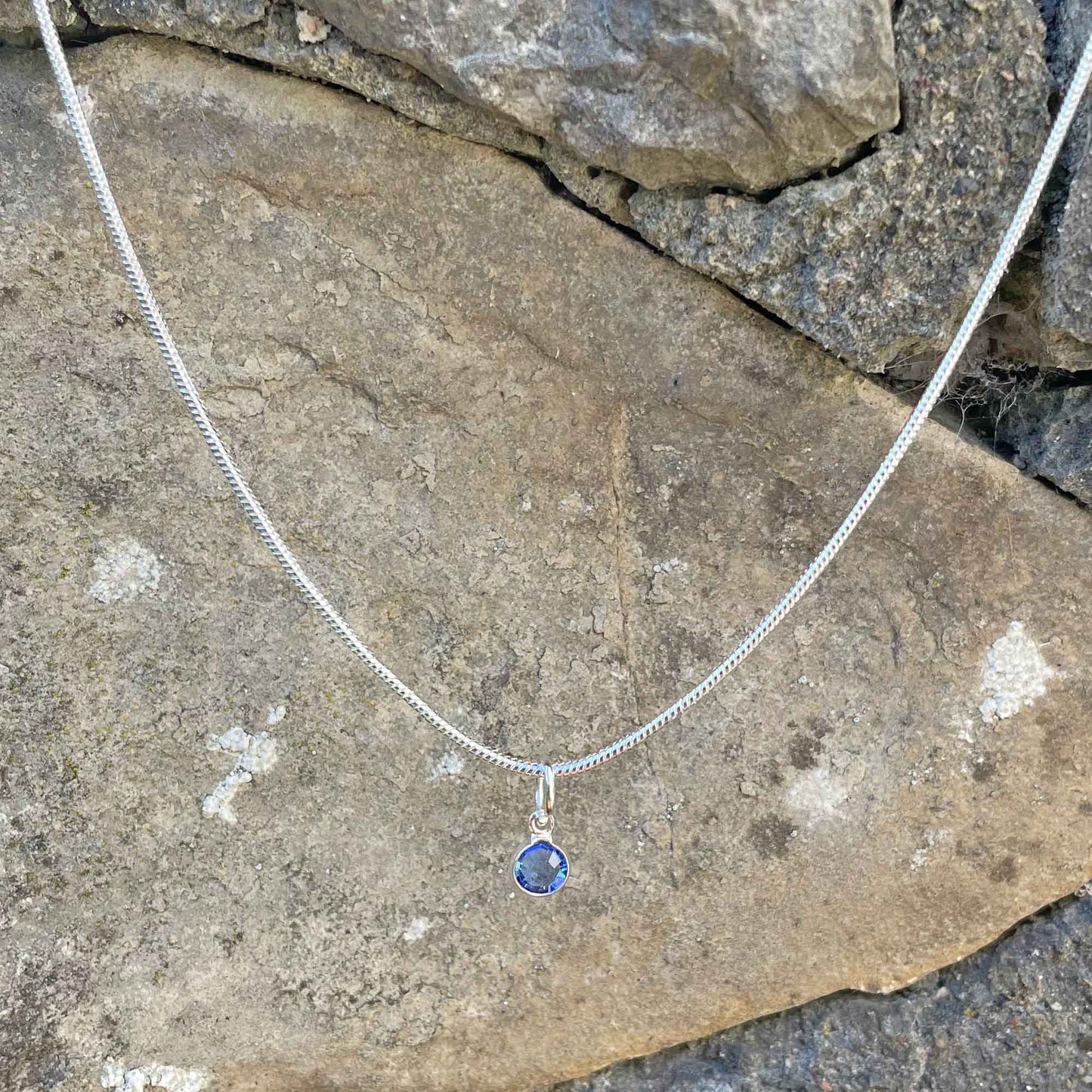 Birthstone Crystal Pendant - Silver Necklace - Welsh Language - September / Sapphire