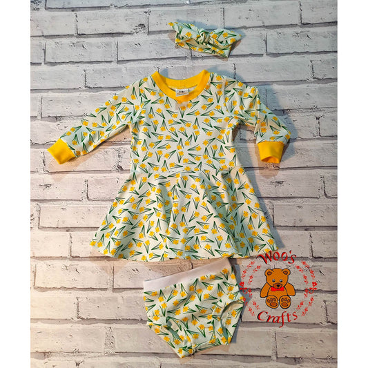 Gift Set - Dress, Bummies and Hair Band - Daffodil Print