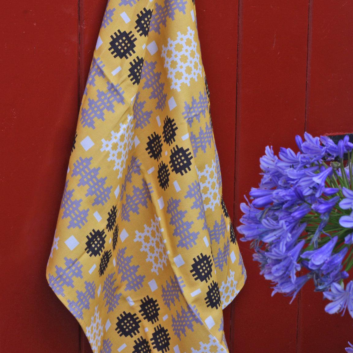 Tea Towel - Welsh Tapestry Print - Mustard Yellow