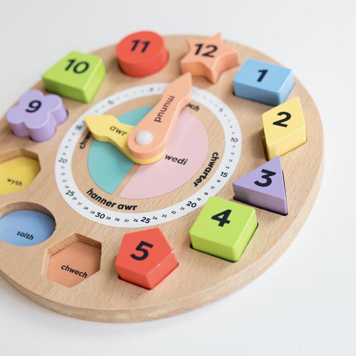 Teaching Clock Toy - Wooden - Welsh Language