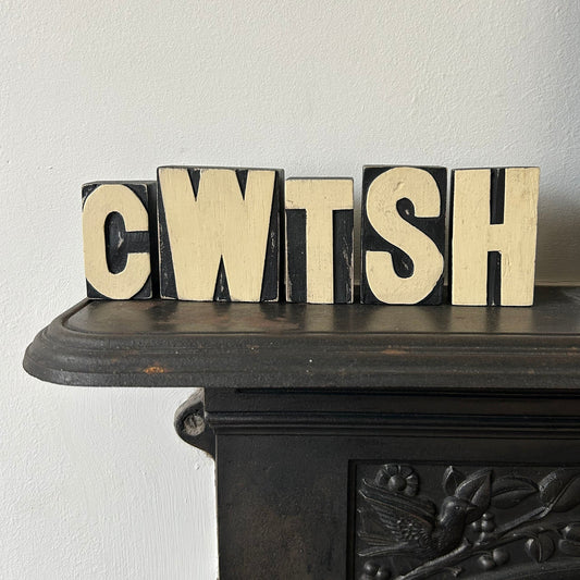 Cwtsh Letter blocks on victorian fireplace mantelpiece mantle piece