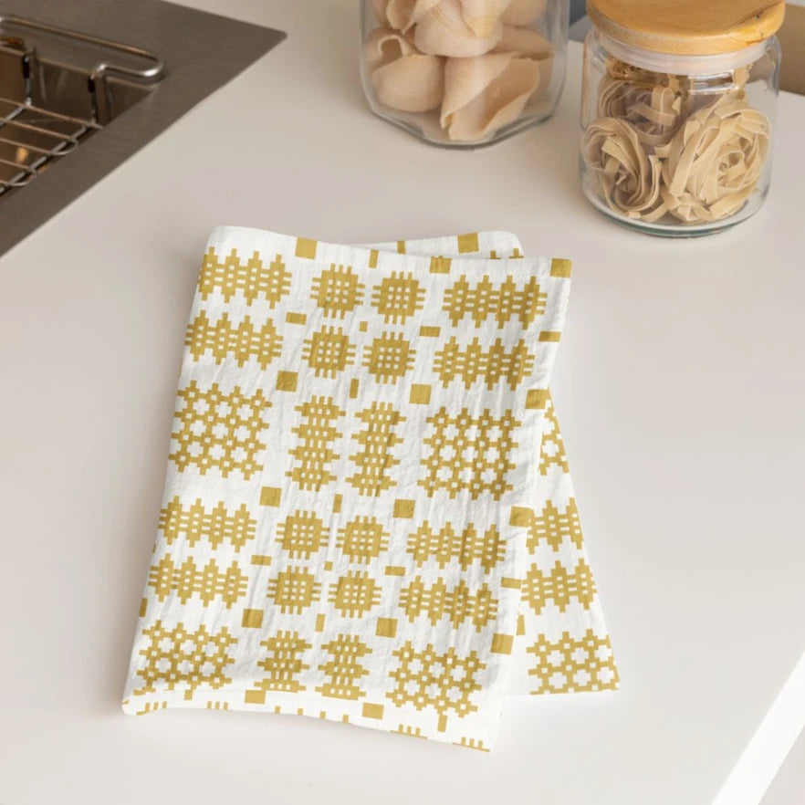 Tea Towel - Welsh Tapestry Print - White & Mustard Yellow