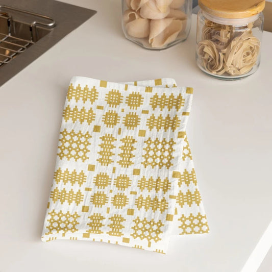 Tywel Te - Print Tapestri Cymreig - Melyn Mwstard