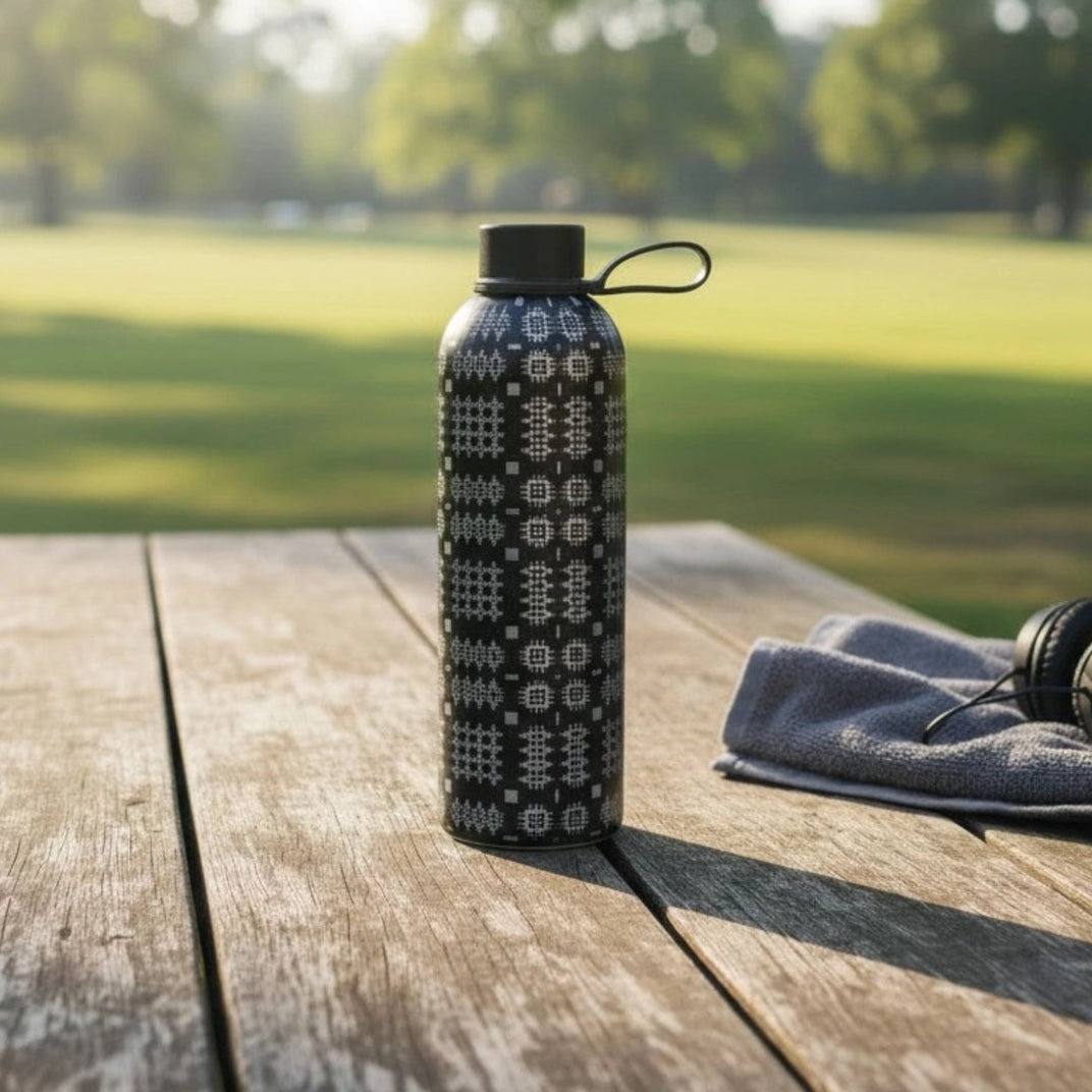 Insulated Bottle - Welsh Tapestry Print - Black & Grey