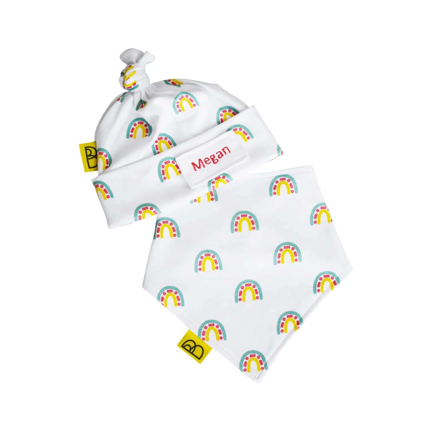 Baby Gift Set - Organic Hat Dribble Bib – Enfys / Rainbow - Personalised