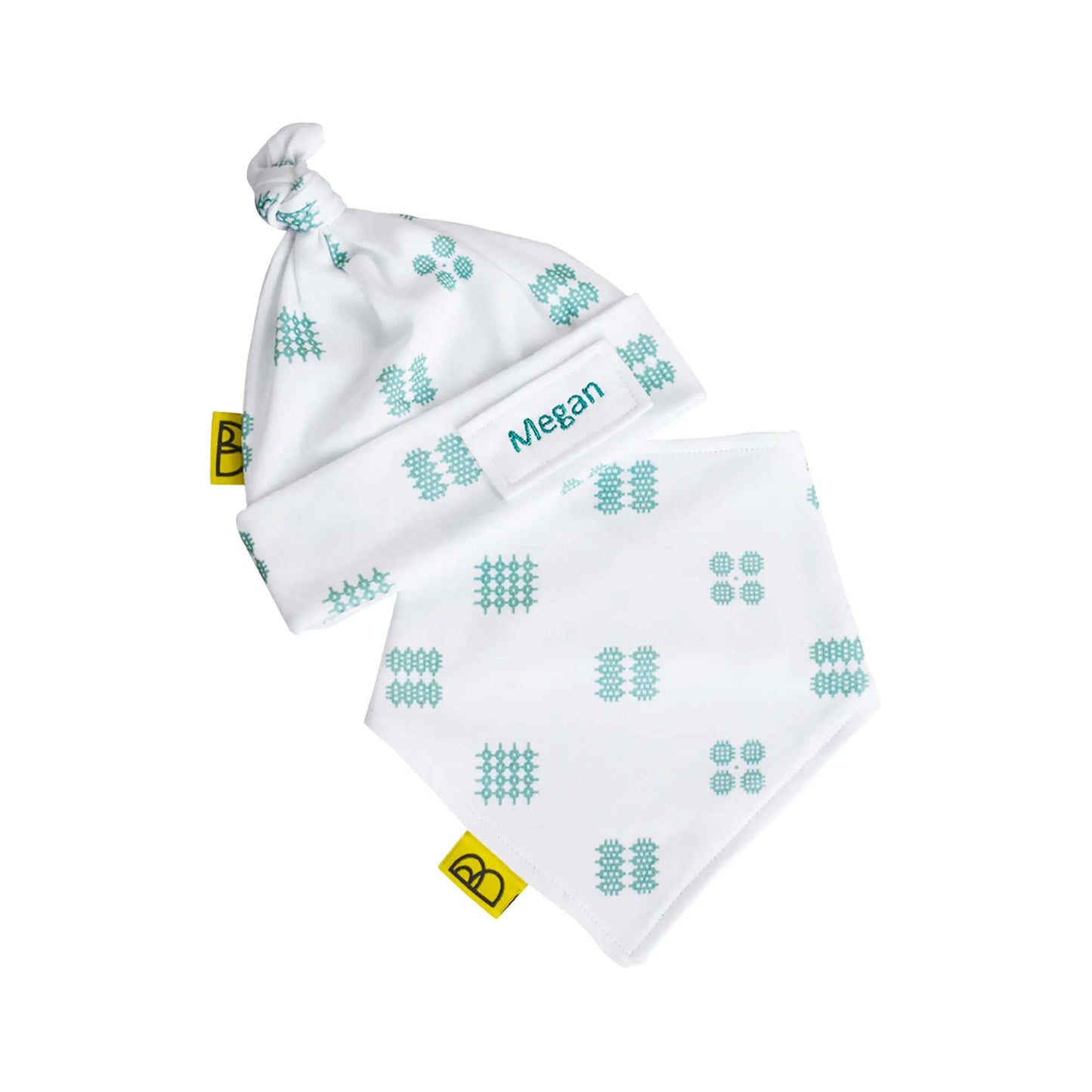 Baby Gift Set - Organic Hat Dribble Bib – Green Tapestry Print - Personalised