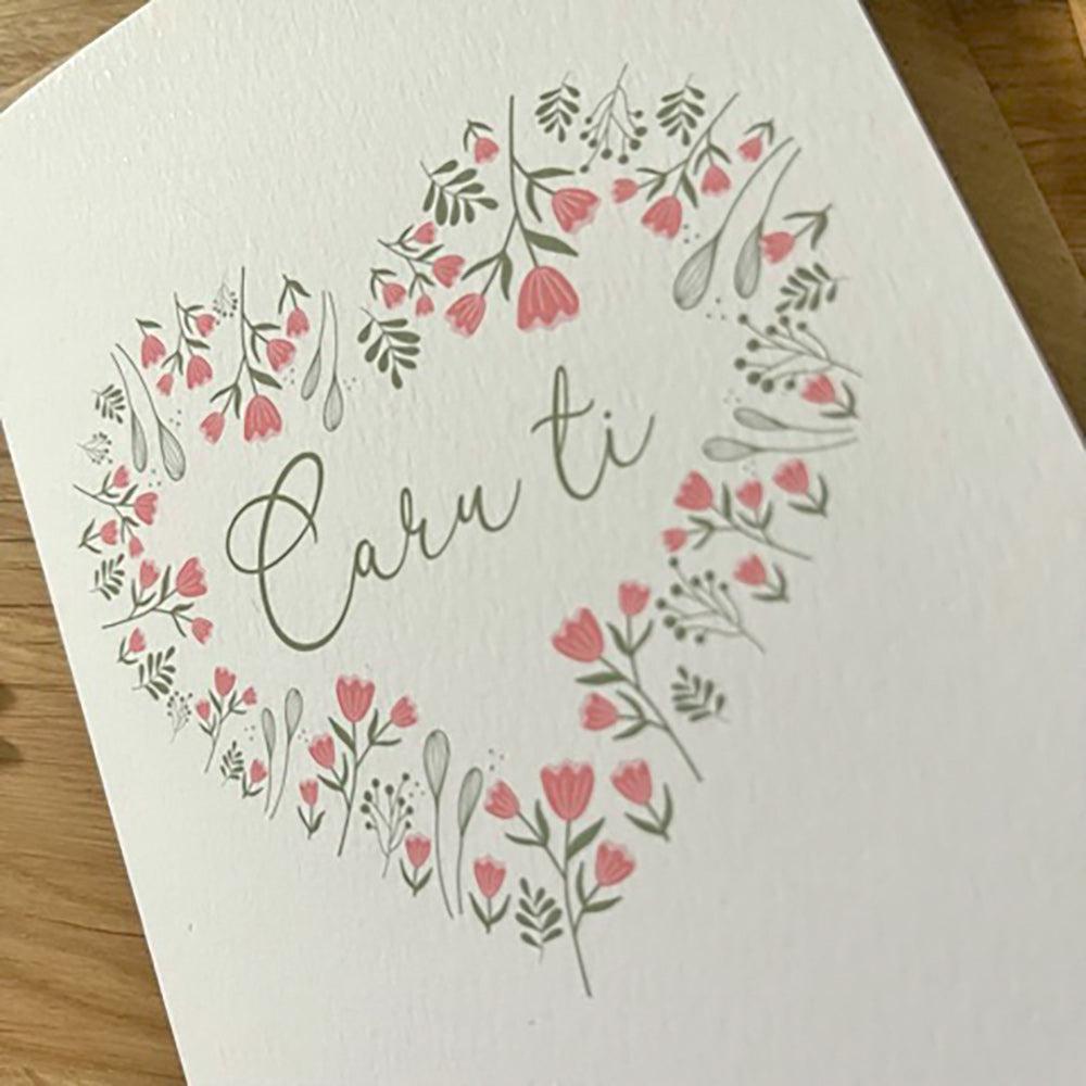 Card - Floral Heart Wreath - Caru Ti / Love You
