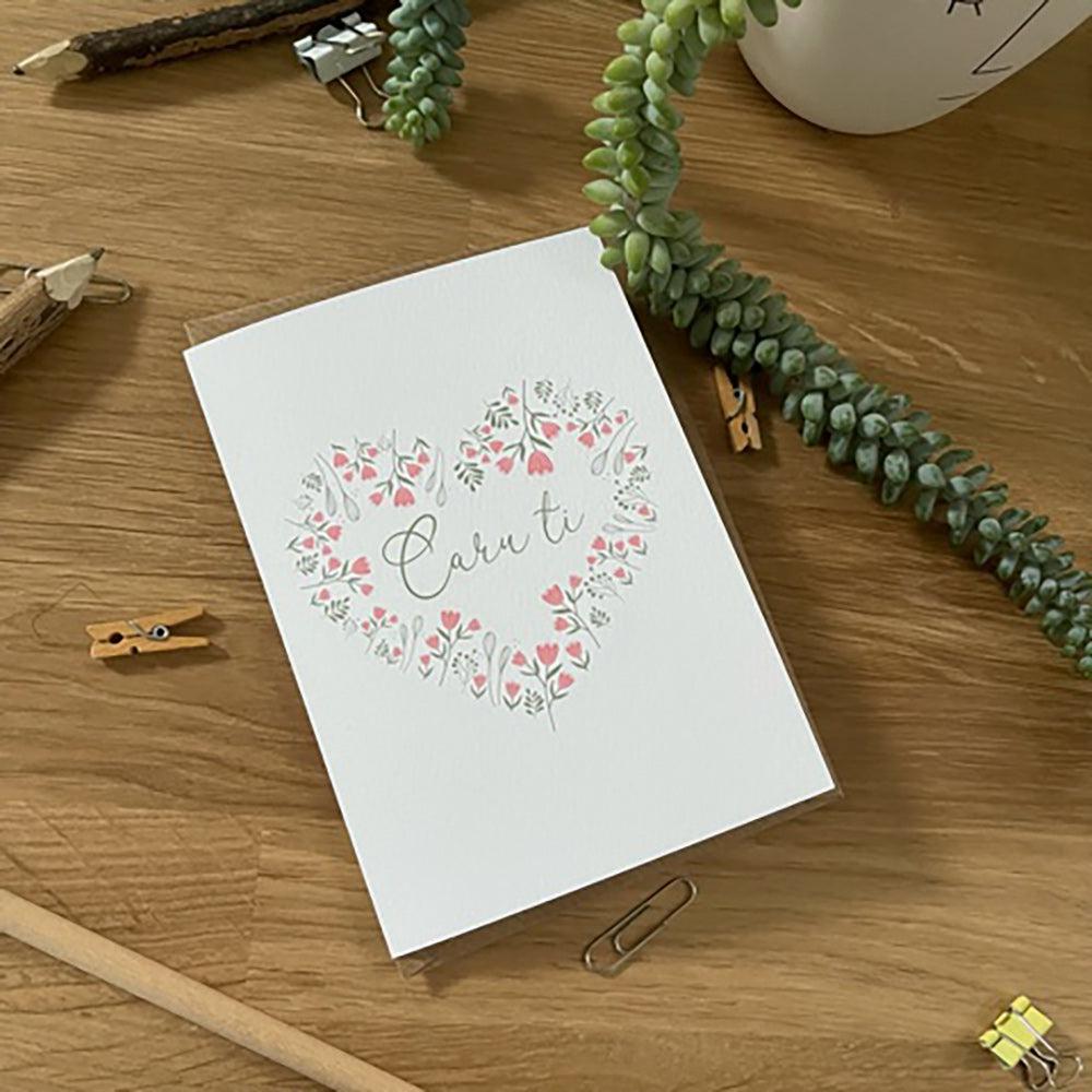 Card - Floral Heart Wreath - Caru Ti / Love You