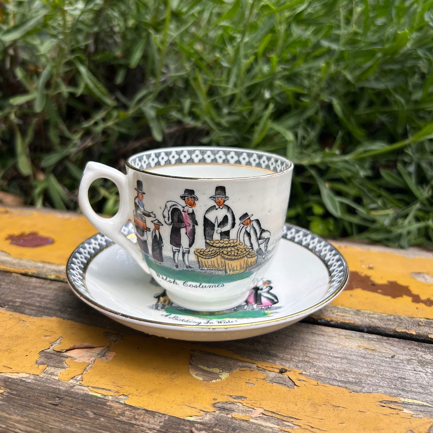 Cup & Saucer - Welsh Costumes - Present from Llandilo / Llandeilo - Vintage Souvenir (Preloved)