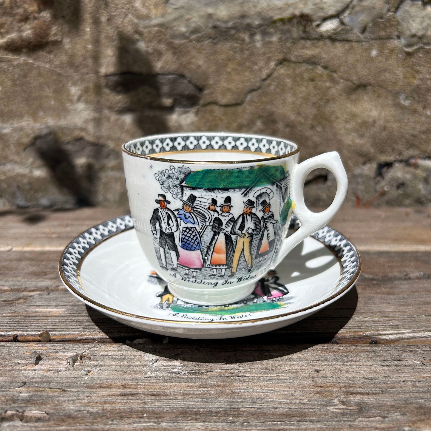 Cup & Saucer - Welsh Costumes - Present from Llandilo / Llandeilo - Vintage Souvenir (Preloved)