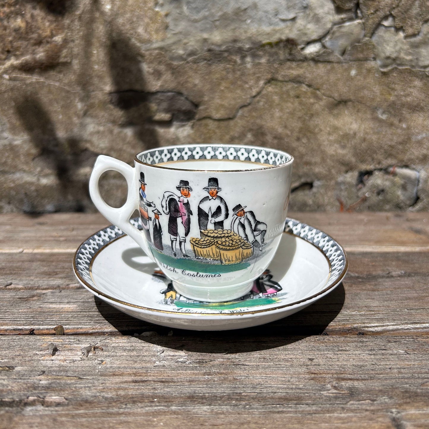 Cup & Saucer - Welsh Costumes - Present from Llandilo / Llandeilo - Vintage Souvenir (Preloved)