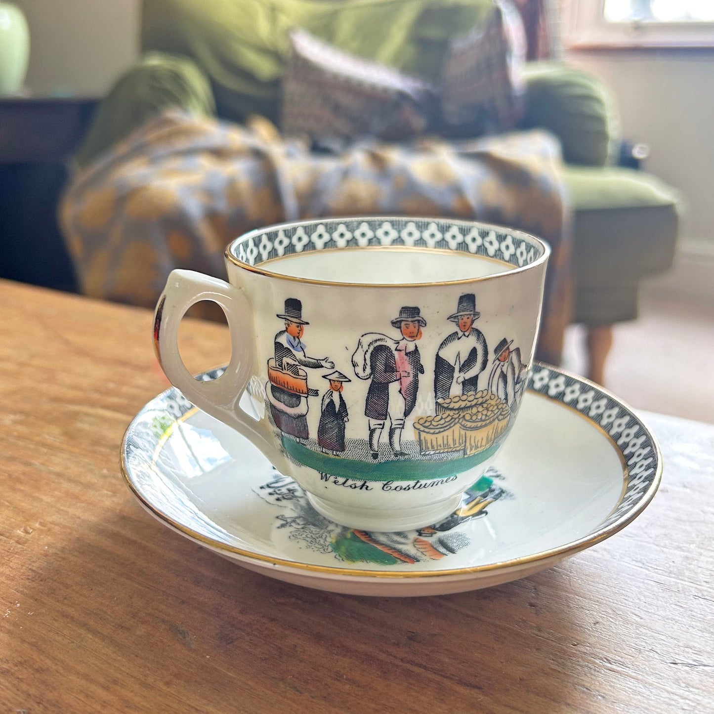 Cup & Saucer - Welsh Costumes - Present from Llandilo / Llandeilo - Vintage Souvenir (Preloved)