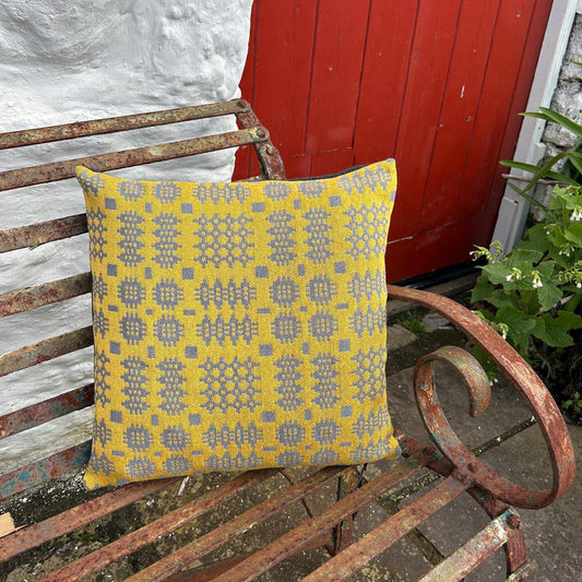 Cushion Cover - Welsh Tapestry Woven - Mustard & Grey