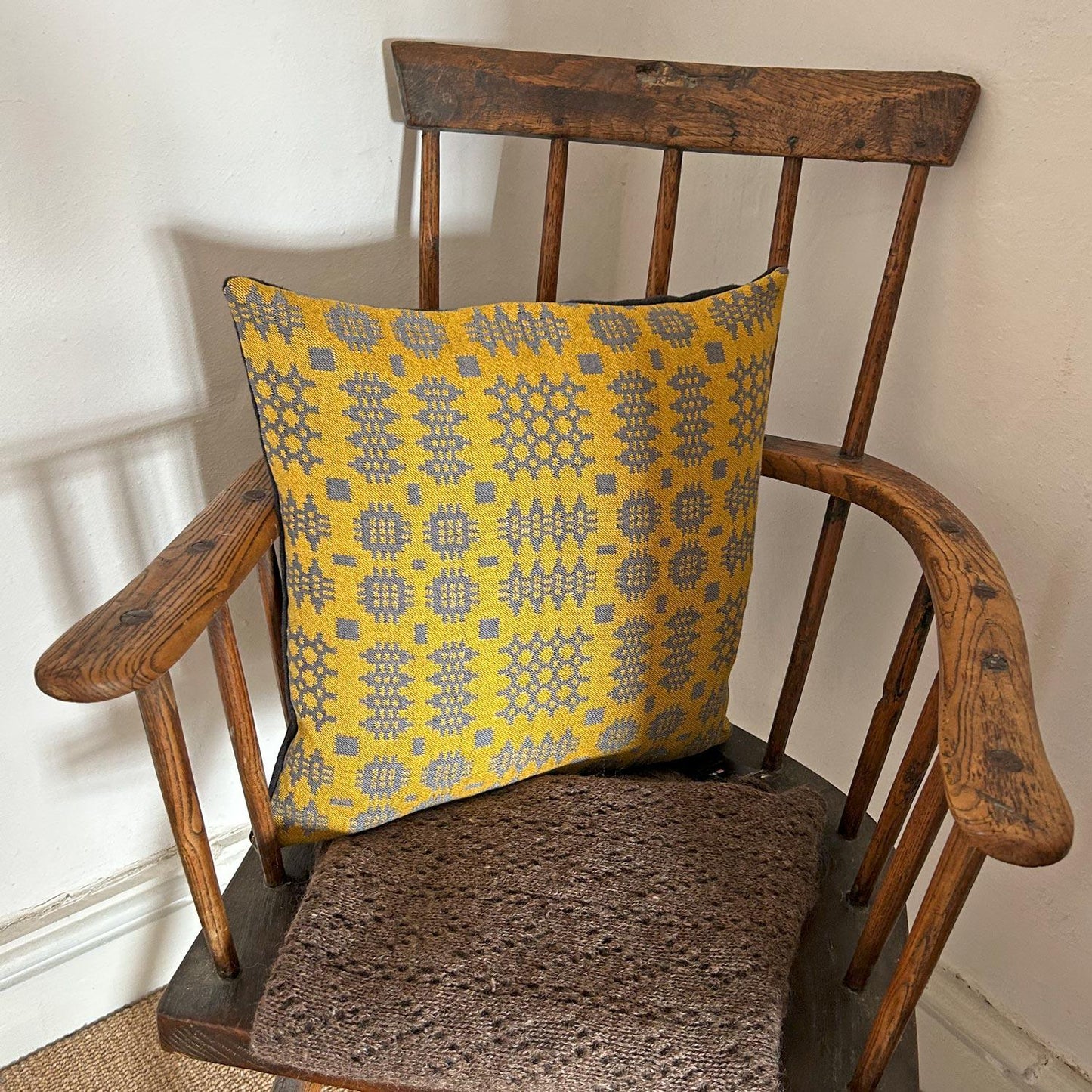 Cushion Cover - Welsh Tapestry Woven - Mustard & Grey
