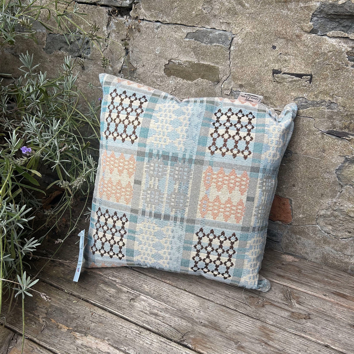 Cushion - Welsh Tapestry Design - Pale Blue & Peach