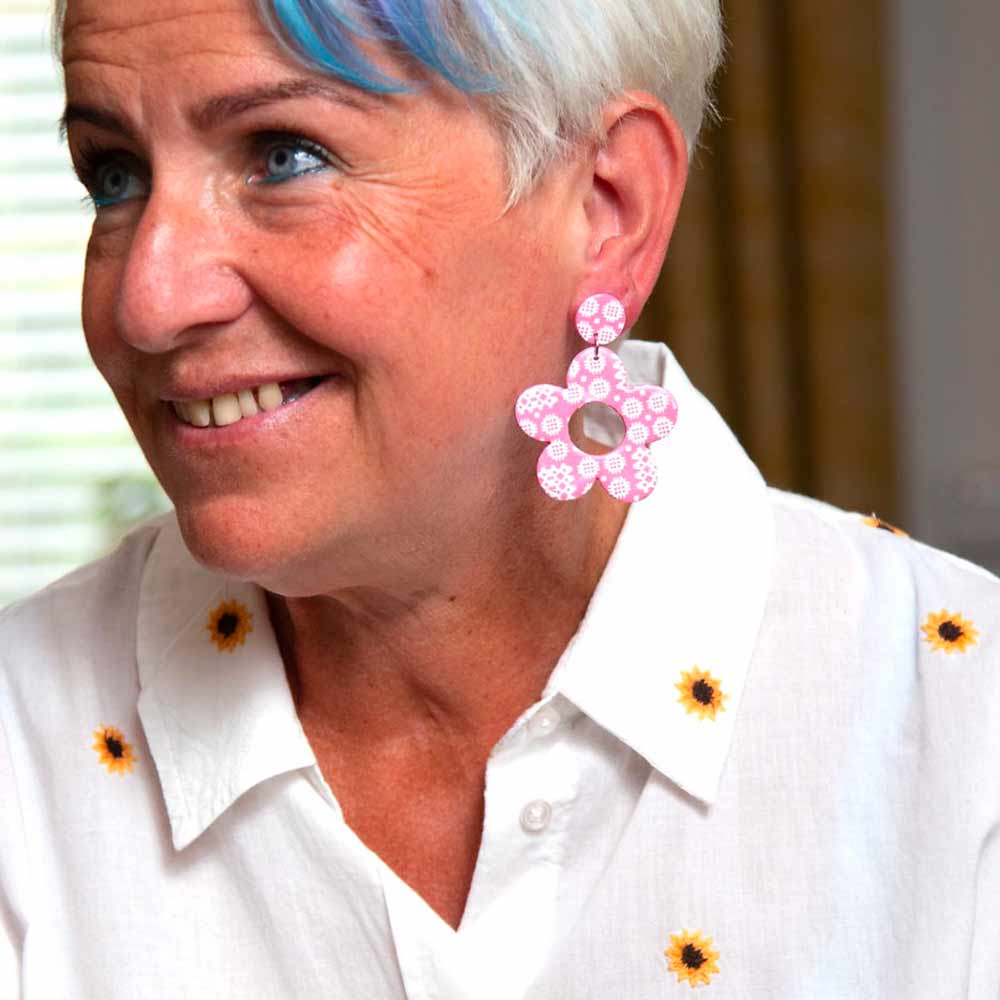 Flower Earrings - Welsh Tapestry - Pink Carthen