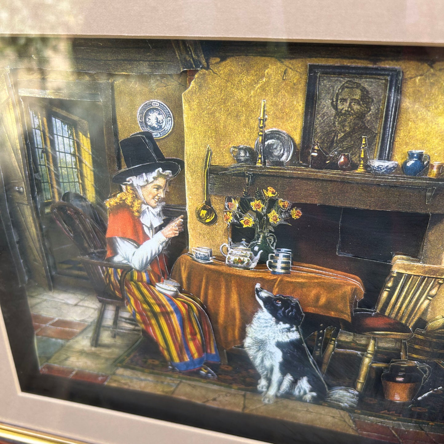 Framed 3D Print / Shadow Box - Welsh Lady Home Scene with Dog (Preloved)