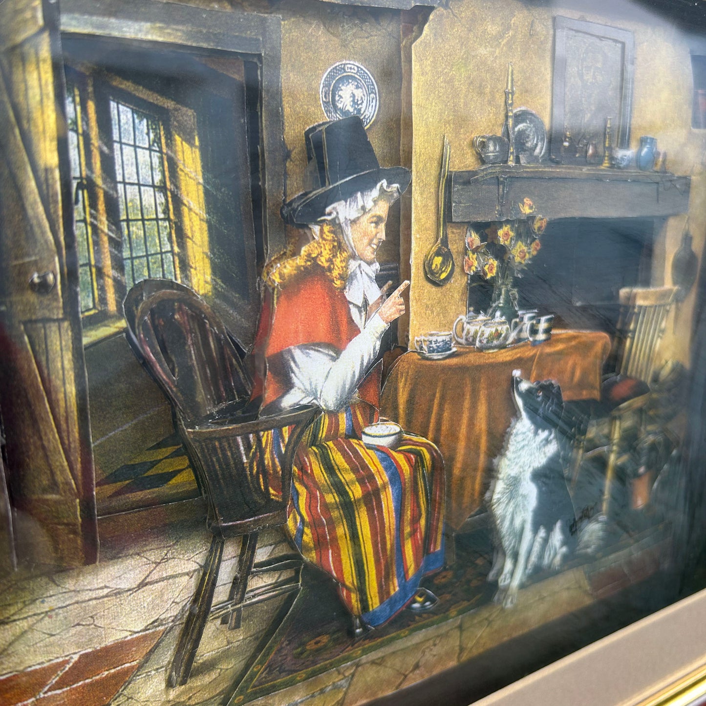 Framed 3D Print / Shadow Box - Welsh Lady Home Scene with Dog (Preloved)