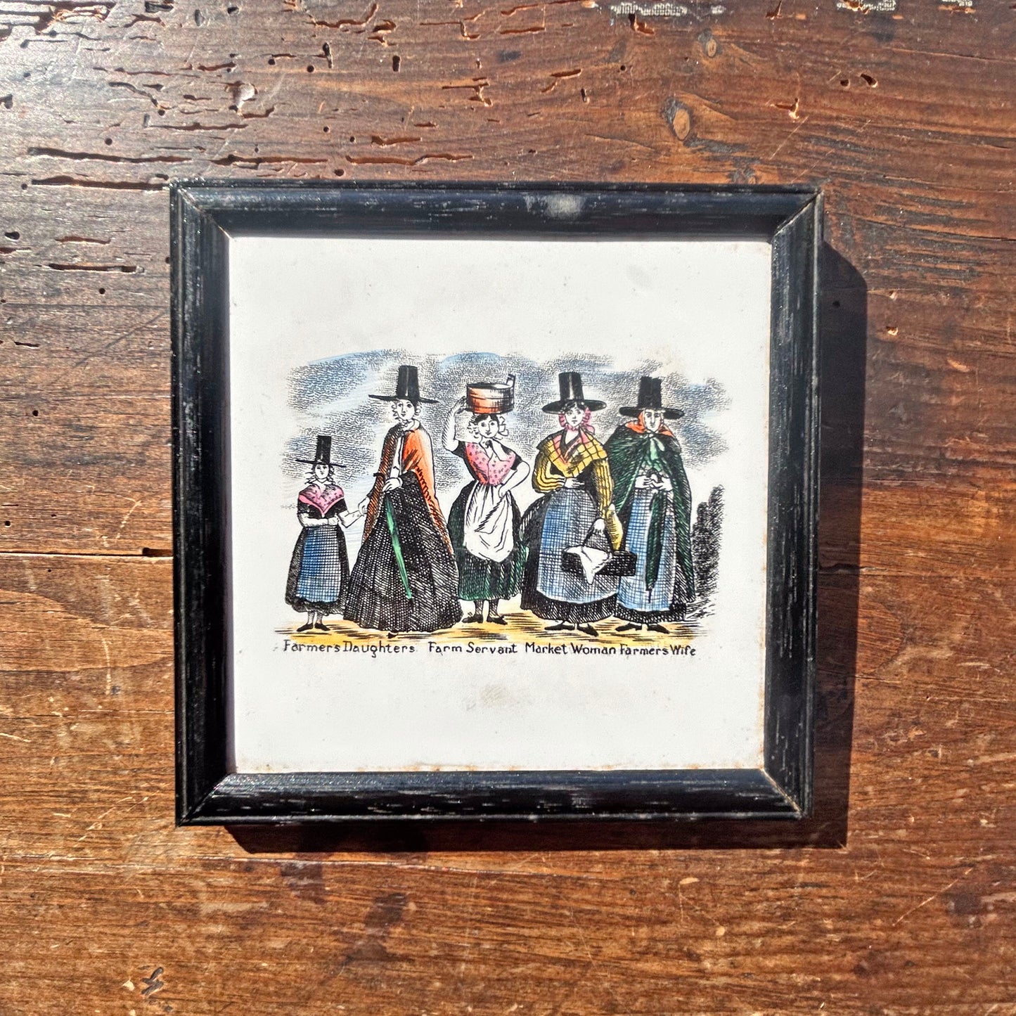 Framed Tile - Welsh Costumes Farmers - Antique Victorian Souvenir (Preloved)