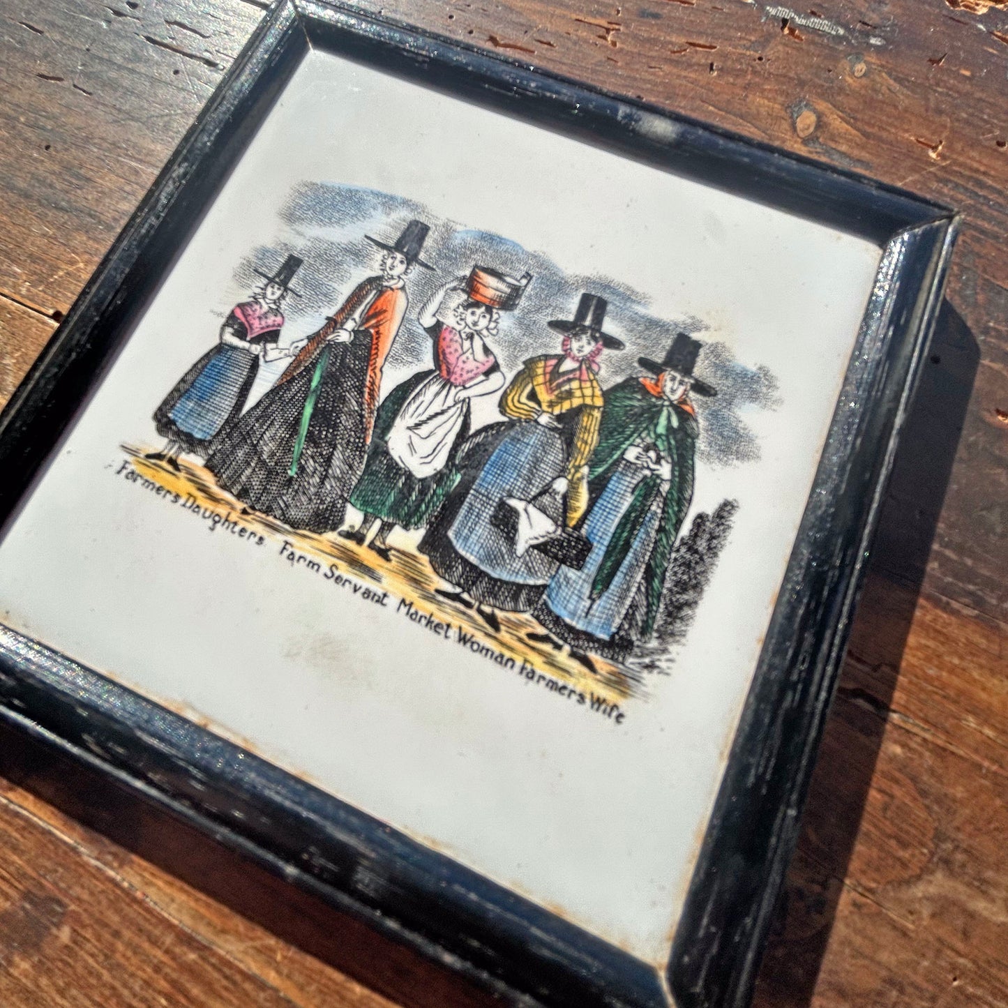 Framed Tile - Welsh Costumes Farmers - Antique Victorian Souvenir (Preloved)