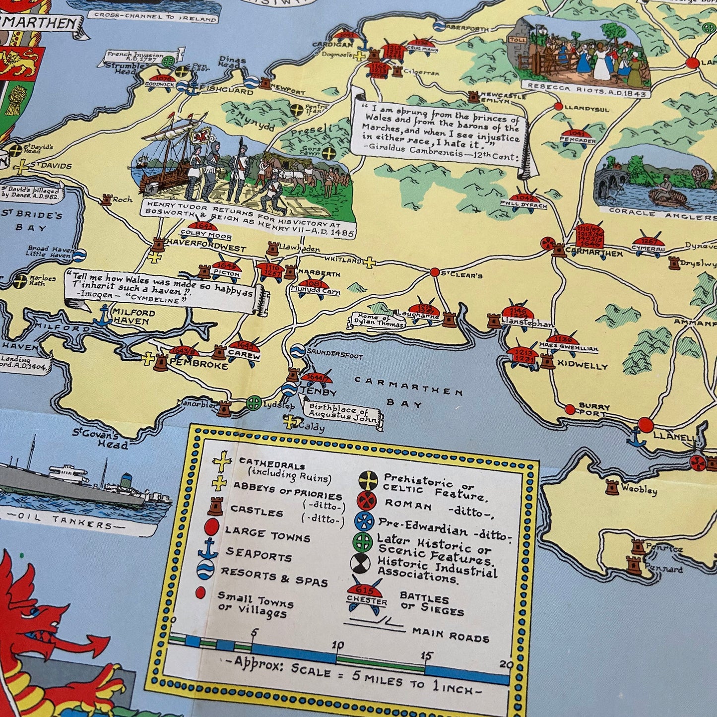 Historical Map of Wales and Monmouth - John Bartholomew - Vintage (Preloved)