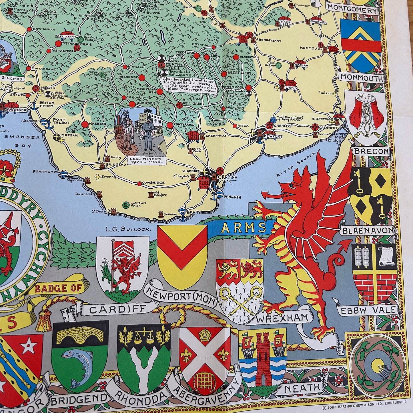 Historical Map of Wales and Monmouth - John Bartholomew - Vintage (Preloved)