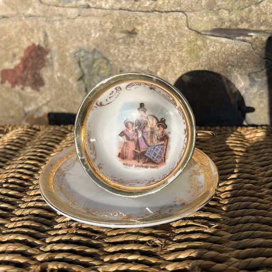 Little Cup & Saucer - Welsh Costumes - Welsh Spinning Party - Antique Souvenir (Preloved)