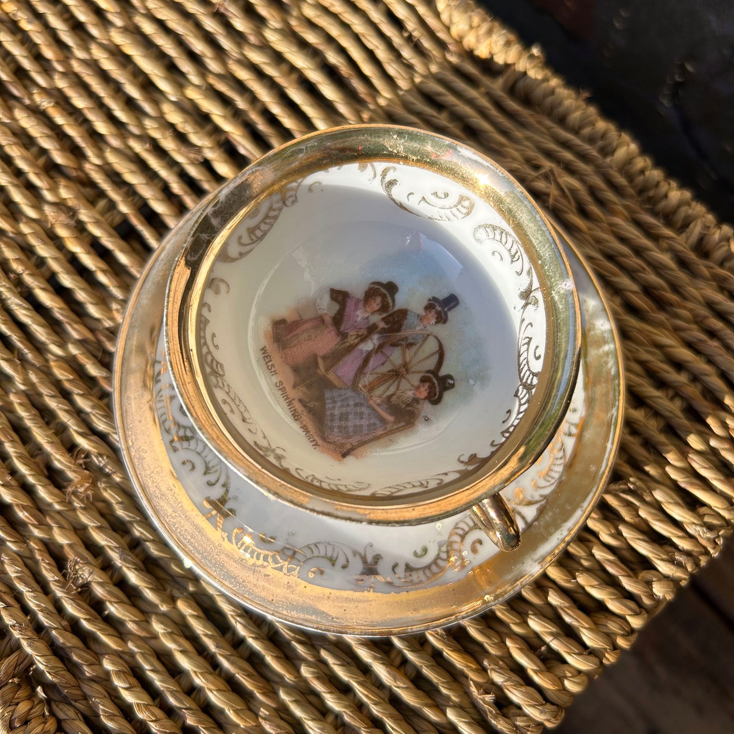 Little Cup & Saucer - Welsh Costumes - Welsh Spinning Party - Antique Souvenir (Preloved)