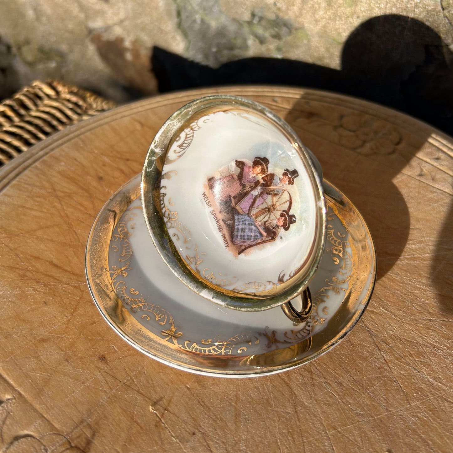 Little Cup & Saucer - Welsh Costumes - Welsh Spinning Party - Antique Souvenir (Preloved)