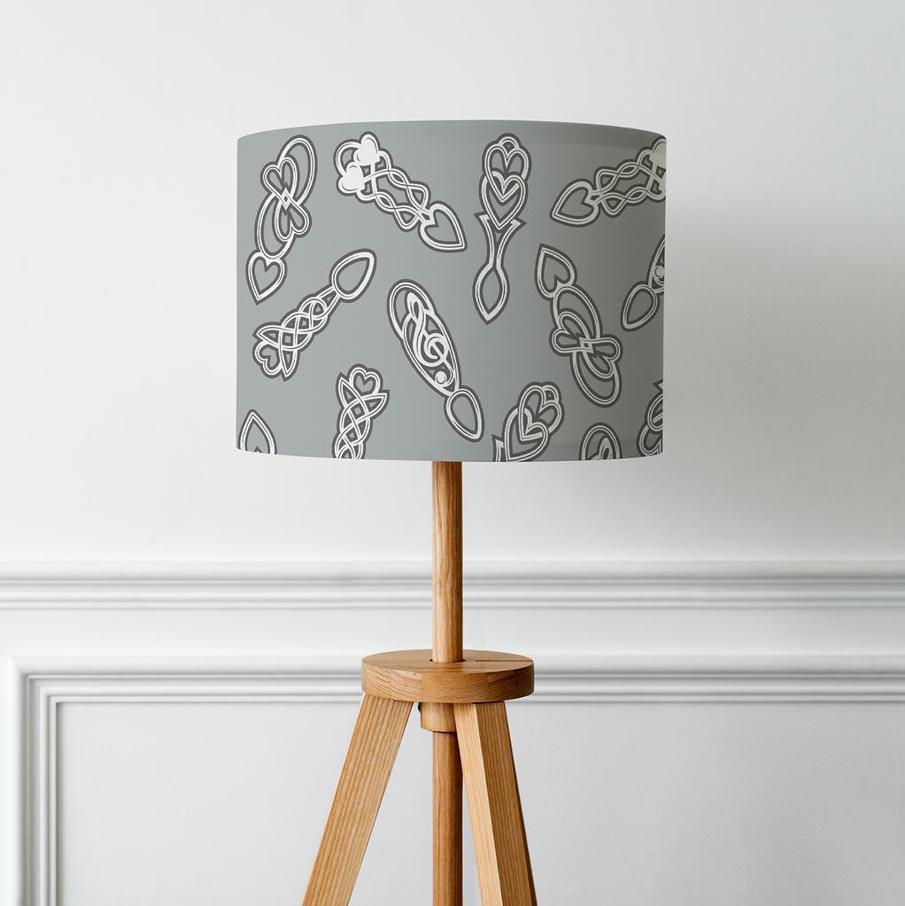 Lamp Shade - Welsh Lovespoon Print - Grey - Choose Size
