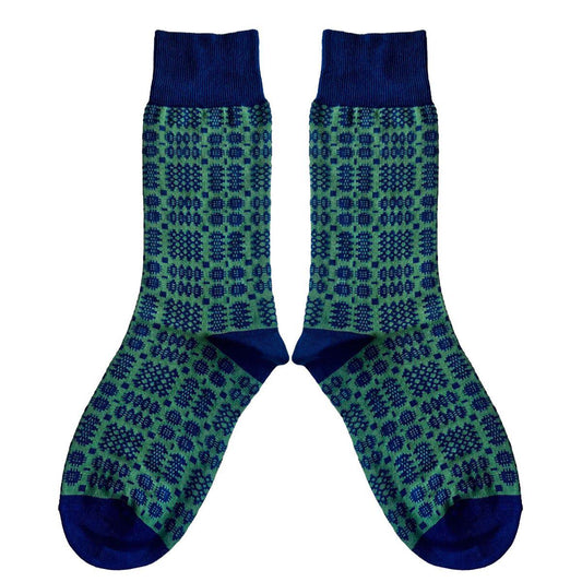 Socks - Mabli Carthen / Welsh Tapestry - Adults Unisex - Pea Green & Blue Ink
