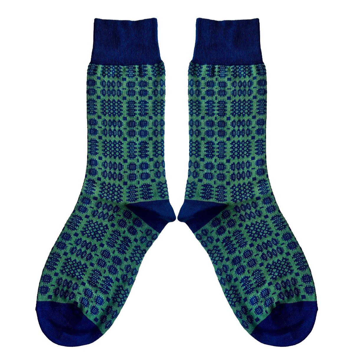 Socks - Mabli Carthen / Welsh Tapestry - Adults Unisex - Pea Green & Blue Ink