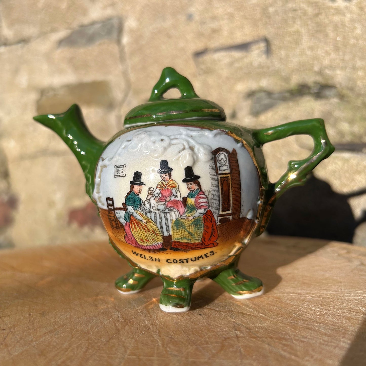 Miniature Green Teapot - Welsh Costumes - Antique Souvenir (Preloved)