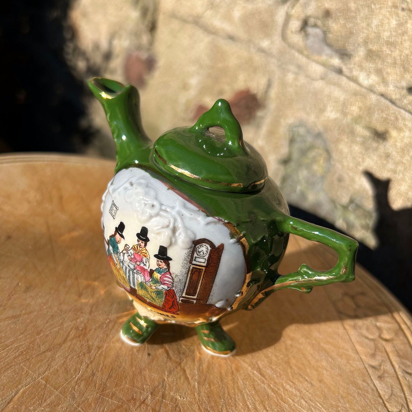 Miniature Green Teapot - Welsh Costumes - Antique Souvenir (Preloved)