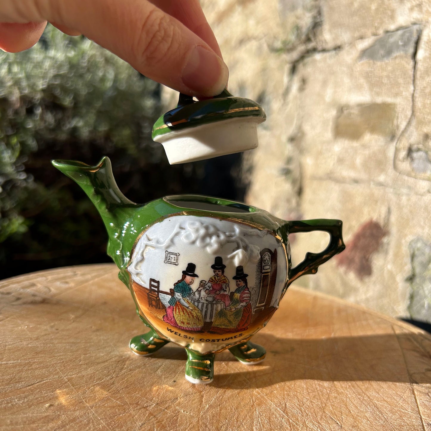 Miniature Green Teapot - Welsh Costumes - Antique Souvenir (Preloved)