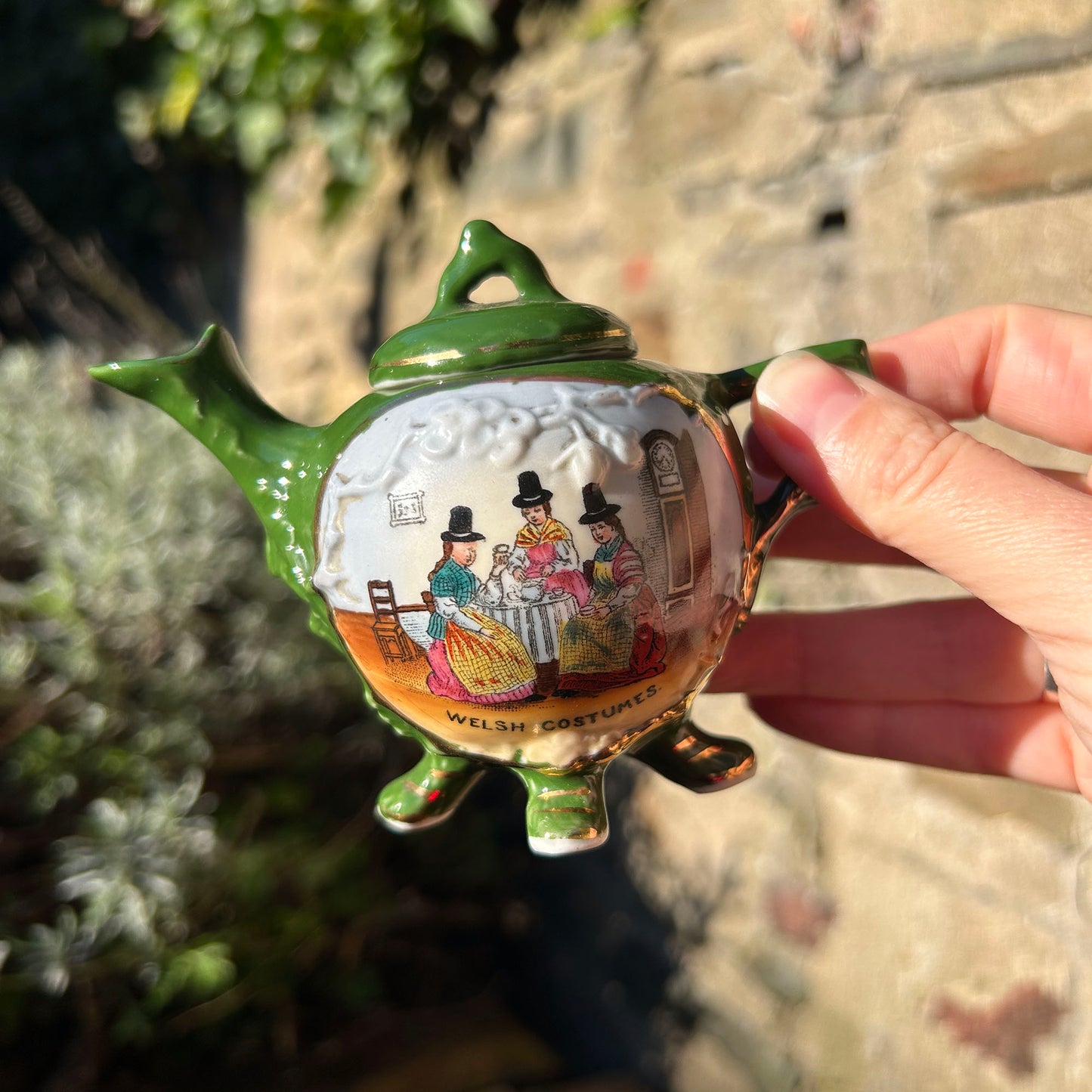 Miniature Green Teapot - Welsh Costumes - Antique Souvenir (Preloved)