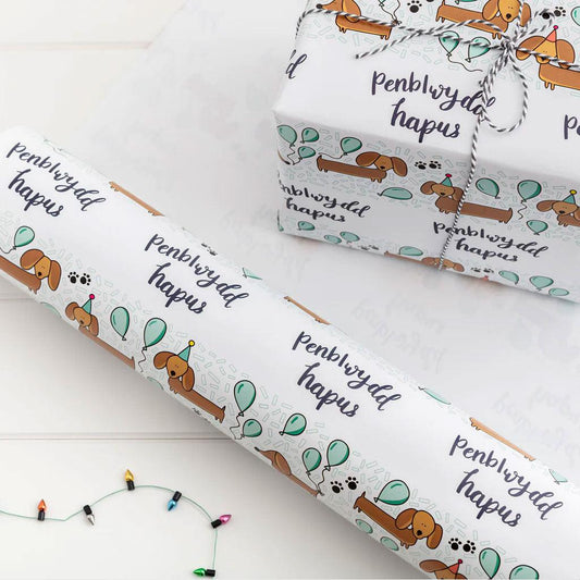 Gift Wrap Set - Penblwydd Hapus / Happy Birthday - Dachshund
