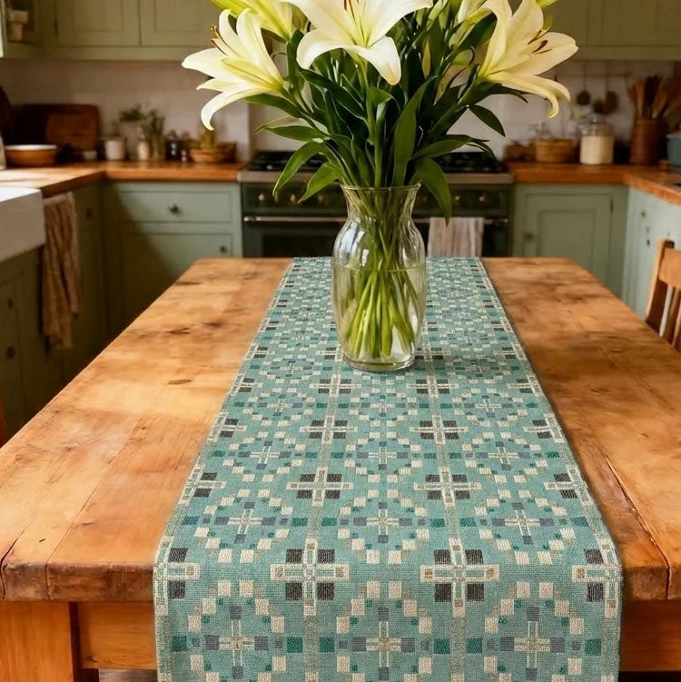 Table Runner - Welsh Tapestry Cross - Mint Green