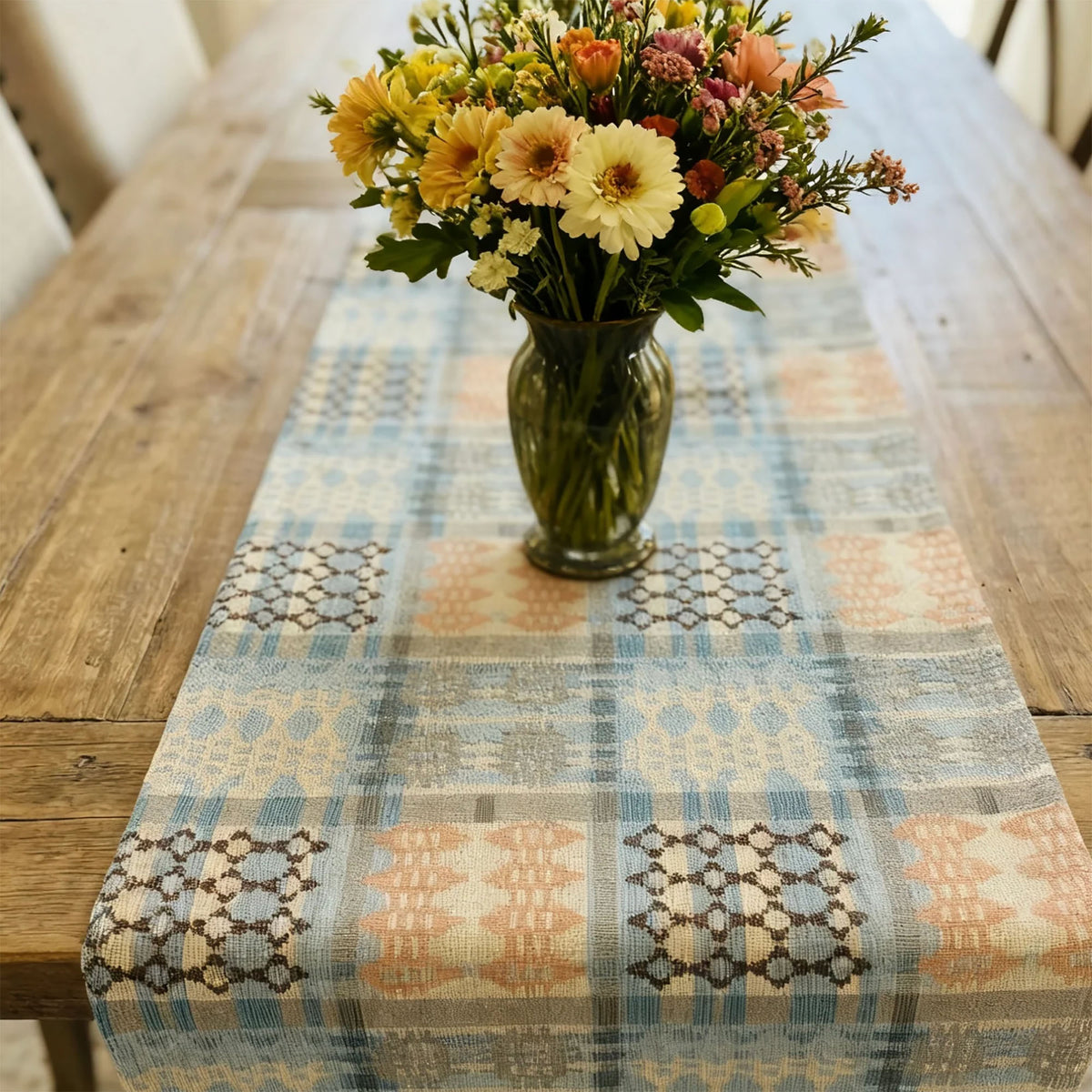 Table Runner - Welsh Tapestry Design - Pale Blue & Peach