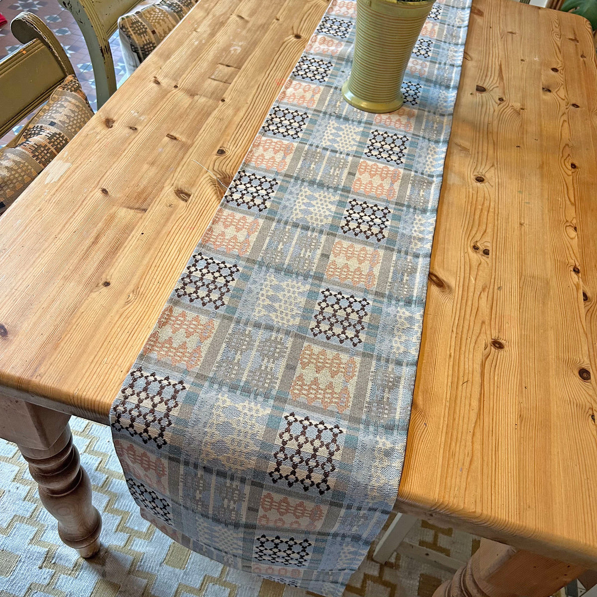 Table Runner - Welsh Tapestry Design - Pale Blue & Peach