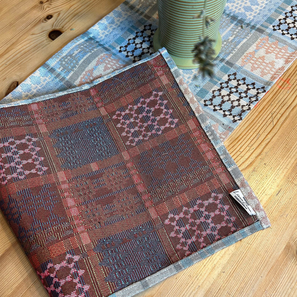 Table Runner - Welsh Tapestry Design - Pale Blue & Peach