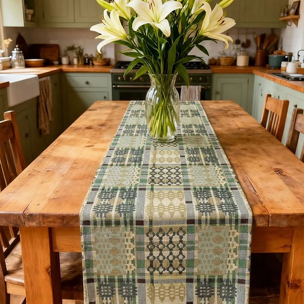 Table Runner - Welsh Tapestry Design - Sage Green & Ice Blue