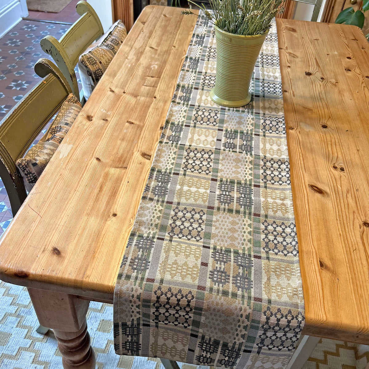 Table Runner - Welsh Tapestry Design - Sage Green & Ice Blue