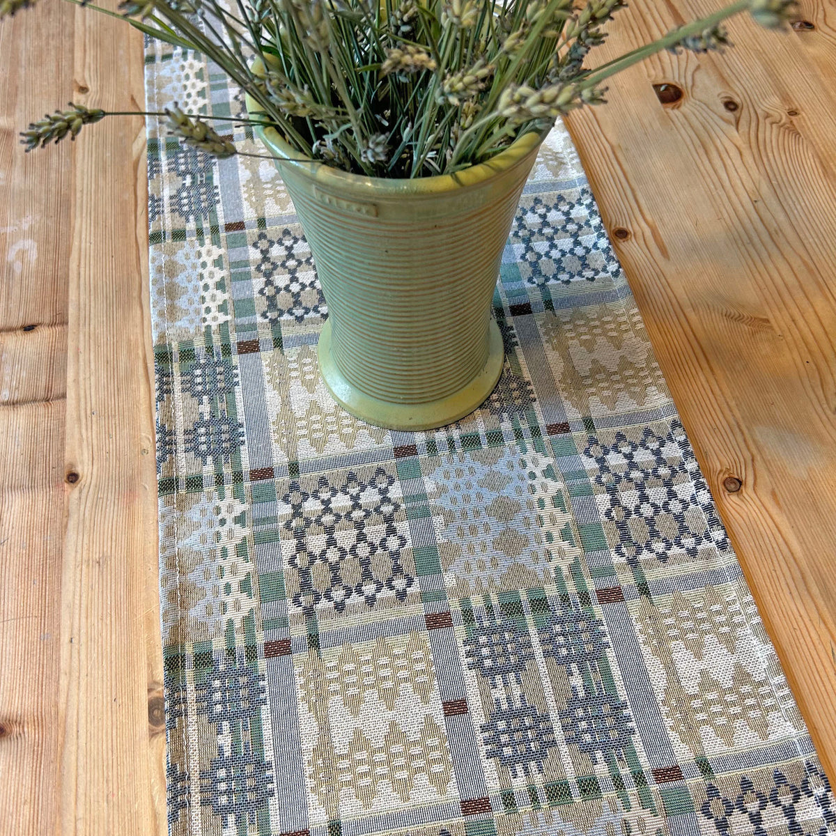Table Runner - Welsh Tapestry Design - Sage Green & Ice Blue