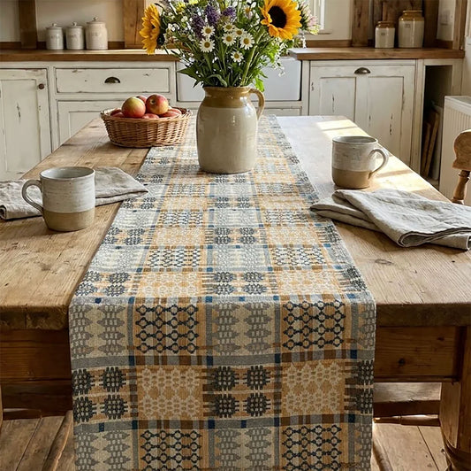 Table Runner - Welsh Tapestry Design - Terracotta & Stone