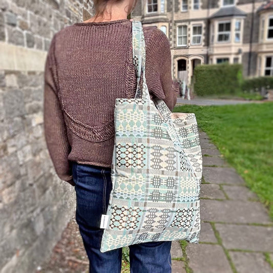 Tote Bag - Welsh Tapestry / Blanket Design - Sea Blue & Driftwood